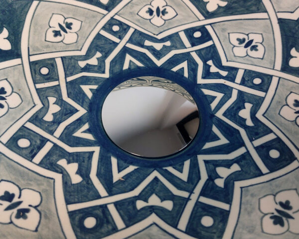 Close up of Midnight Mosaic hand painted ceramic basin, intricate Thai porcelain design.