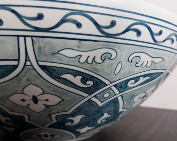 Side profile of Midnight Mosaic handmade ceramic basin, traditional Thai sink craftsmanship.