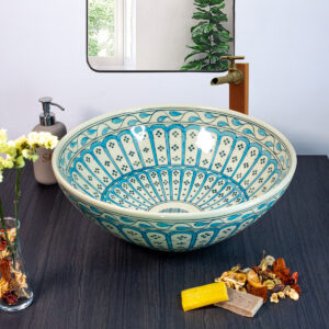 Hand painted Ocean Petals ceramic basin, front view of handmade Thai porcelain sink with petal and ocean motifs.