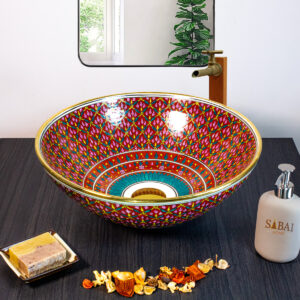 Side profile of Scarlet Bloom handmade ceramic basin, showing painted blooms and craftsmanship.