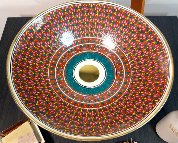 Close up of Scarlet Bloom hand painted ceramic basin, vivid Thai porcelain flower detail.