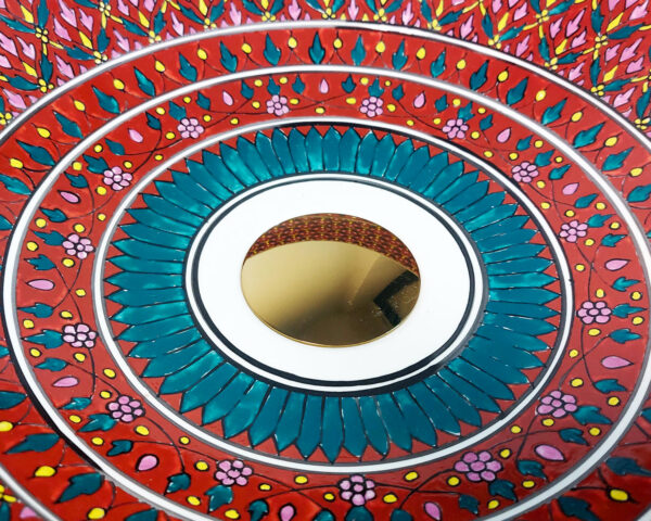 Scarlet Bloom ceramic basin inside view, detailed hand painted Thai sink with blossoming motifs.