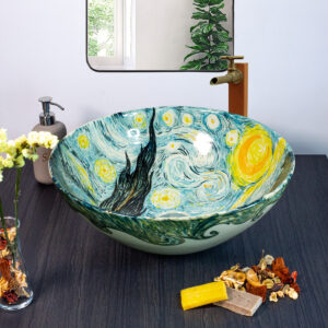 Hand painted Starry Dream ceramic basin, front view of handmade Thai porcelain sink with starry/sky motifs.