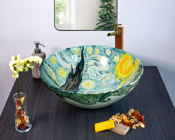 Hand painted Starry Dream ceramic basin, front view of handmade Thai porcelain sink with starry/sky motifs.