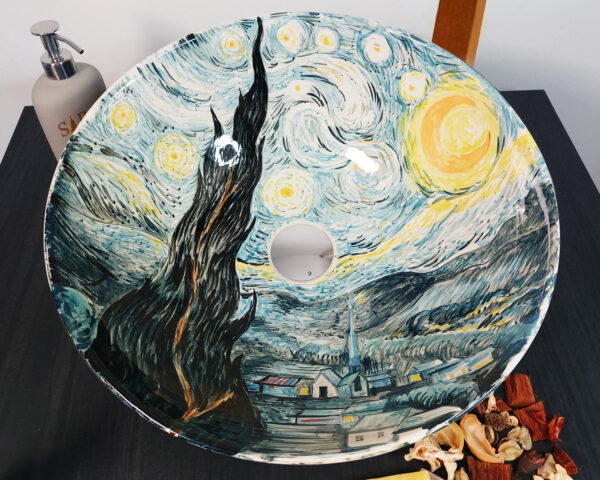 Starry Dream ceramic basin inside view, detailed hand painted Thai sink featuring celestial patterns.