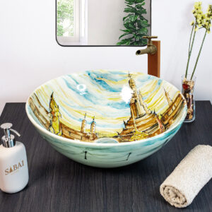 Hand painted Thai Royal Boats ceramic basin, front view of handmade Thai porcelain sink with royal barge and temple motifs.