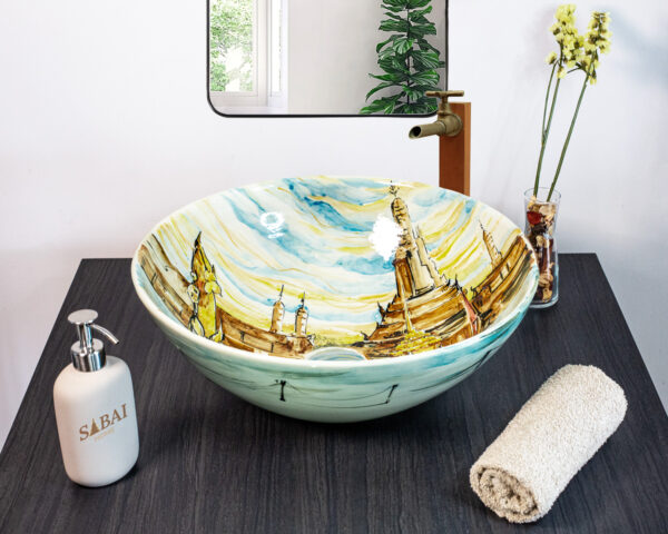 Hand painted Thai Royal Boats ceramic basin, front view of handmade Thai porcelain sink with royal barge and temple motifs.