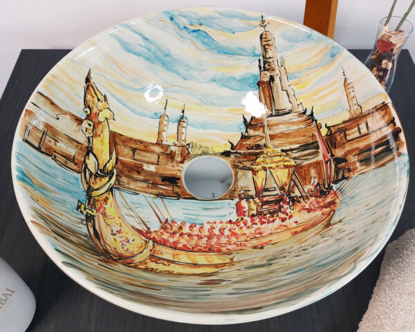 Thai Royal Boats ceramic basin inside view, detailed hand painted Thai sink featuring boats and temple scenes.