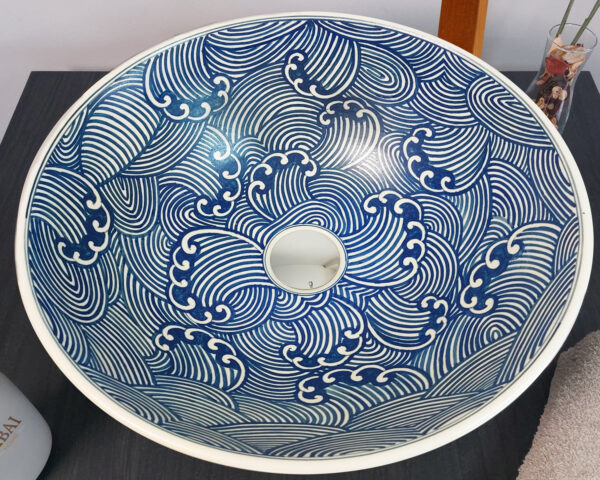 Tidal Flow ceramic basin inside view, detailed hand painted Thai sink with flowing tidal motifs.