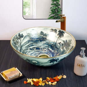 Hand painted Traditional Houses ceramic basin, front view of handmade Thai porcelain sink depicting village houses.