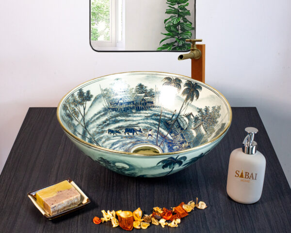 Hand painted Traditional Houses ceramic basin, front view of handmade Thai porcelain sink depicting village houses.