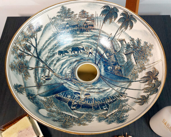 Traditional Houses ceramic basin inside view, detailed hand painted Thai sink with riverside village scene.