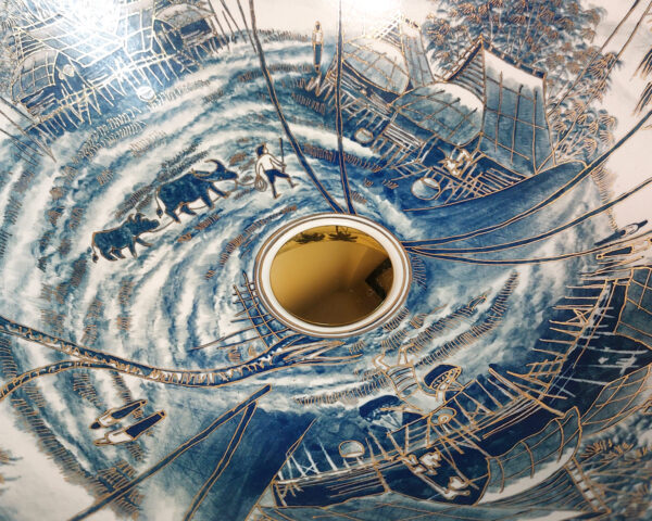 Close up of Traditional Houses hand painted ceramic basin, fine Thai porcelain architectural detail.