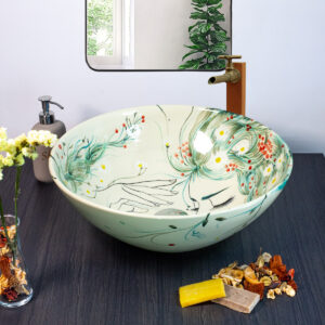 Hand painted Whispering Breeze ceramic basin, front view of handmade Thai porcelain sink with flowing wind-like motifs.