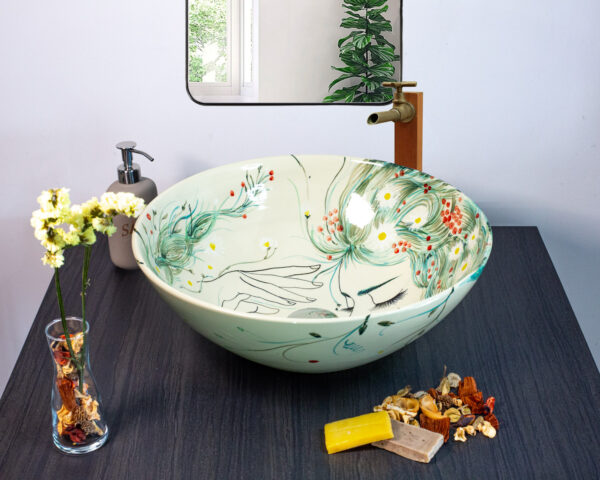 Hand painted Whispering Breeze ceramic basin, front view of handmade Thai porcelain sink with flowing wind-like motifs.
