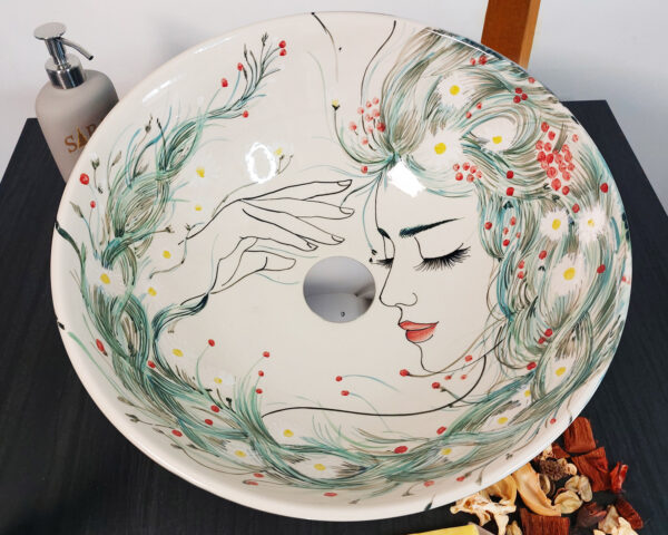 Whispering Breeze ceramic basin inside view, detailed hand painted Thai sink with fluid patterning.